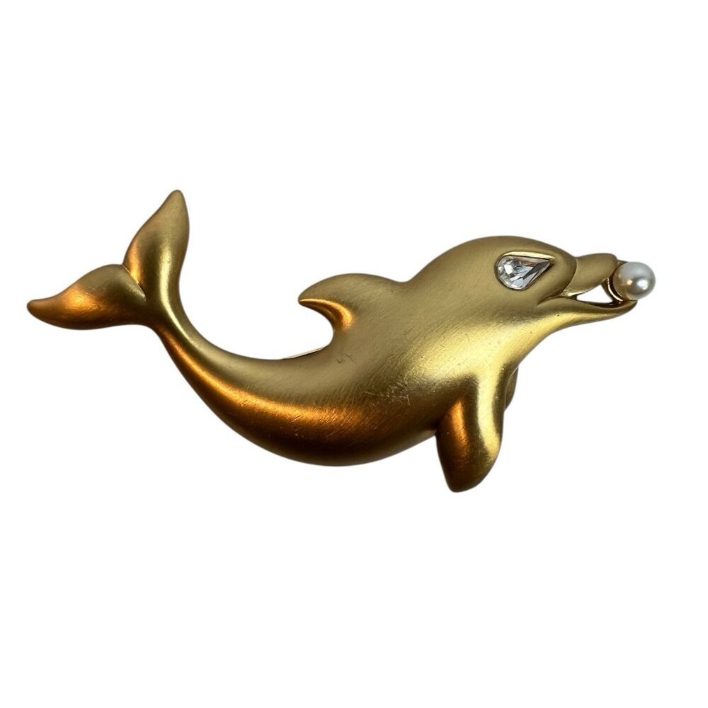 Vintage Napier Brooch Gold Tone Dolphin With Pearl And Rhinestone Eye